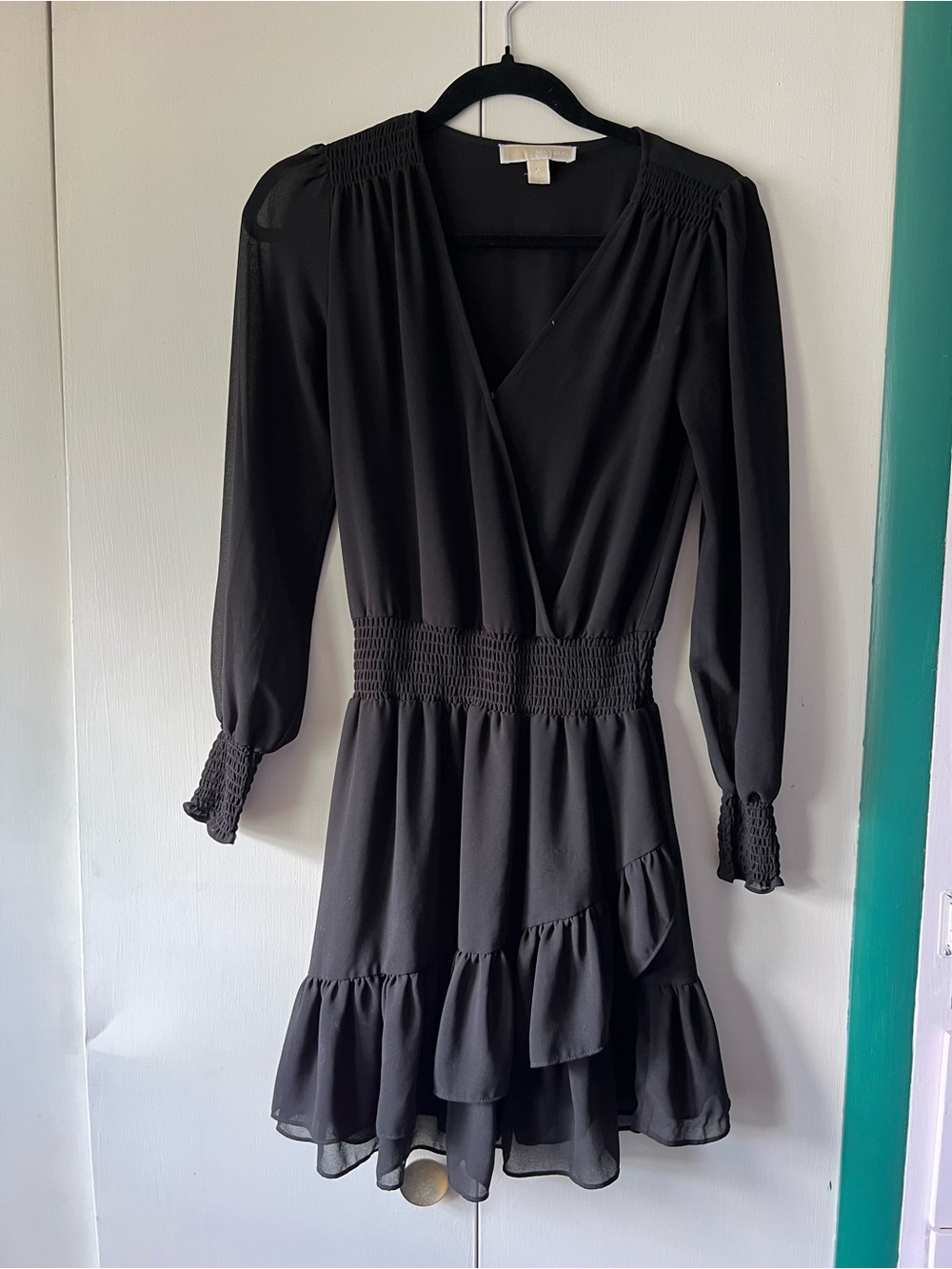 MICHAEL Michael Kors Black Long-Sleeve Smocked-Waist Tiered Wrap Dress